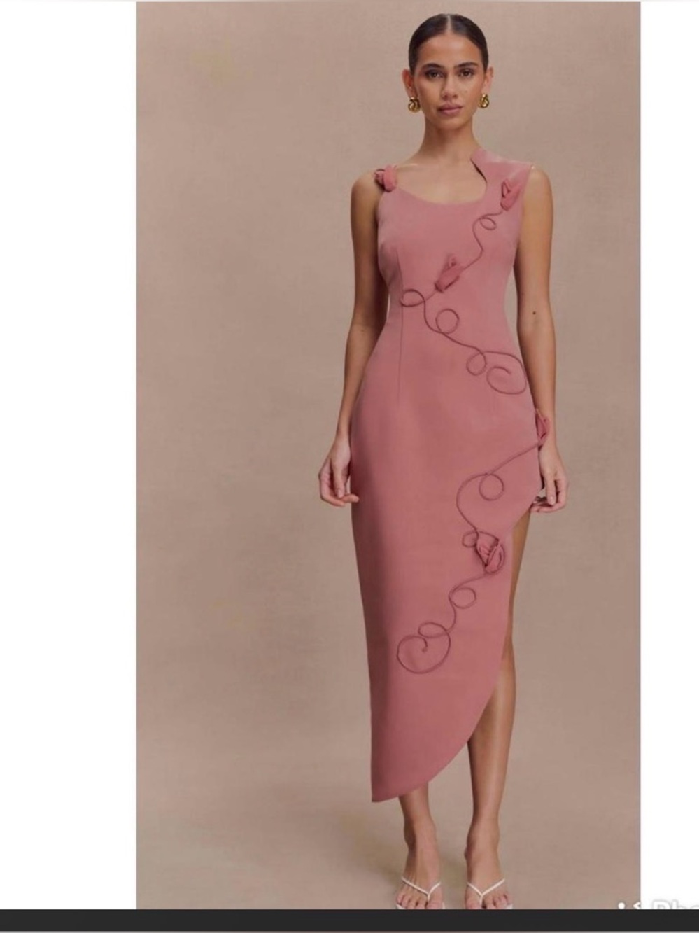 Elegant Rose-Pink Asymmetric Midi Dress with Spiral Appliqué #meshki